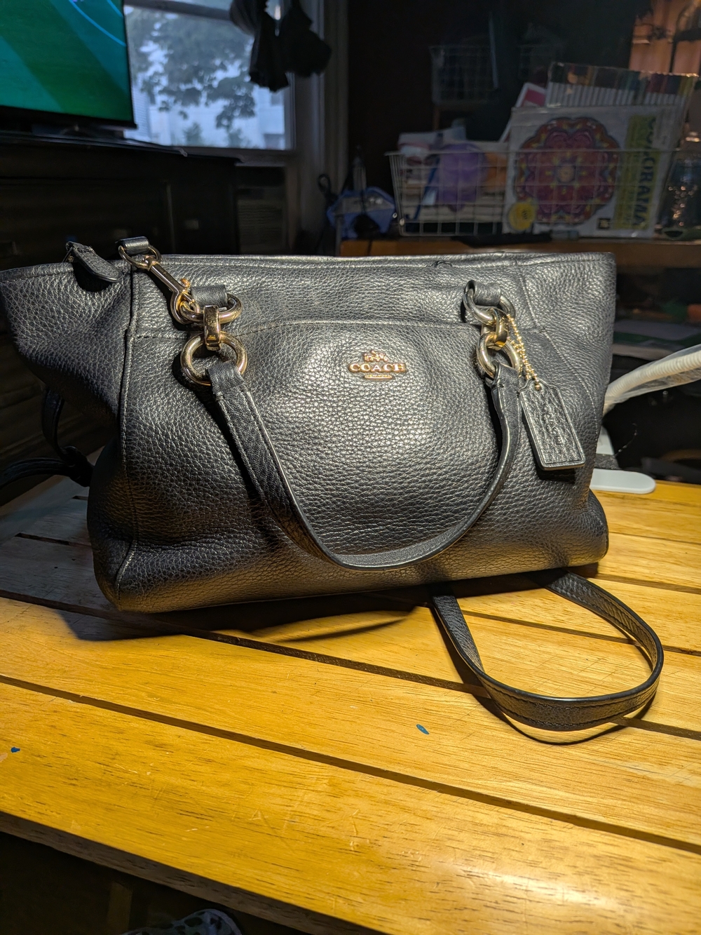 Coach Black Pebbled Leather Tote Bag with Gold Hardware